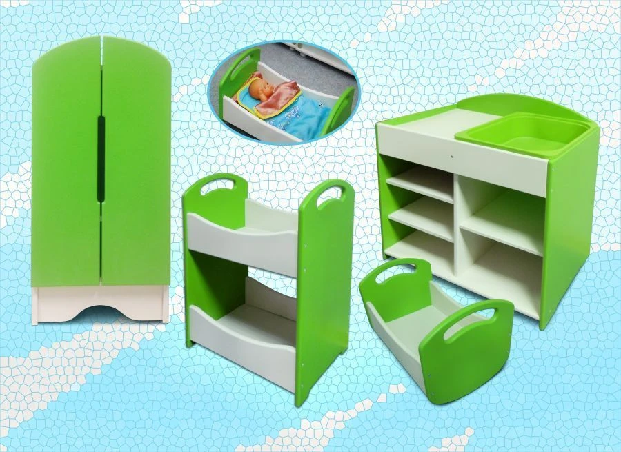 Мебель для куклы "Анюта" (шкаф, стол для ухода за куклой, кровать двухъярусная, кровать-люлька).