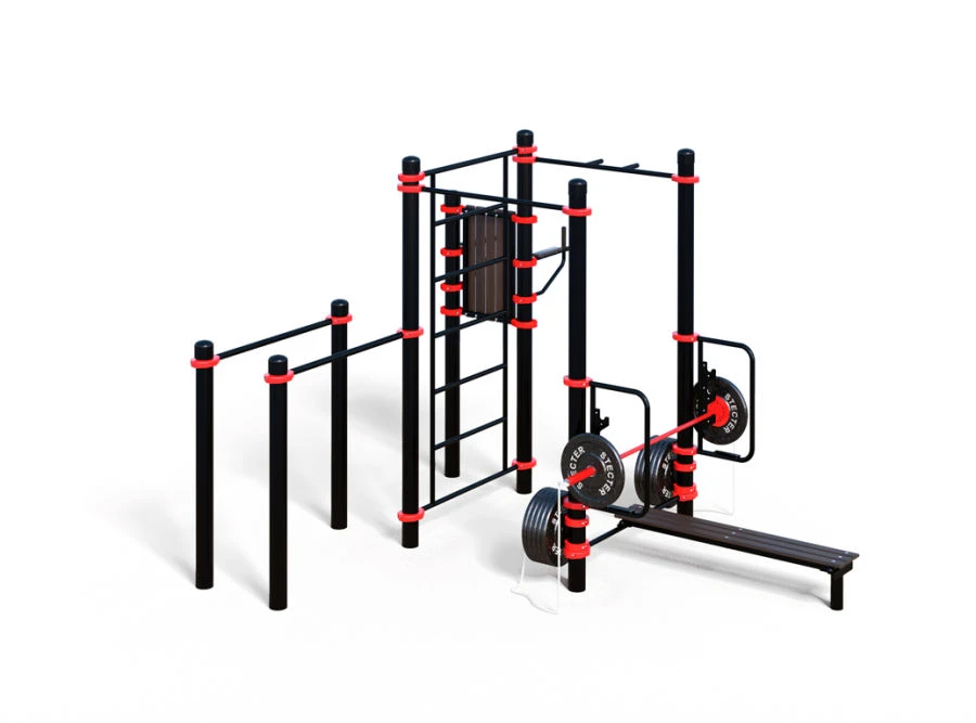 Уличный комплекс для воркаута WORKOUT-FIT с штангой для жима лежа, брусьями, шведской стенкой и турниками