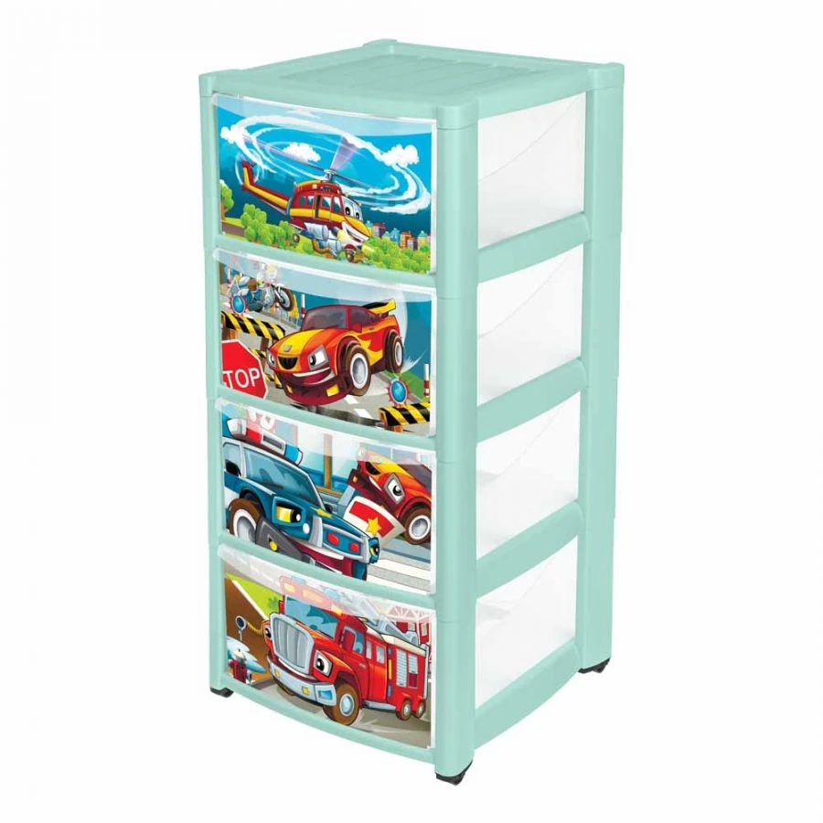 4313037; Комод детский на колесах с выдвижными ящикамис аппликацией 4 ящика (зеленый)