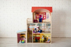 Wooden Dollhouse with Three Rooms and Balcony